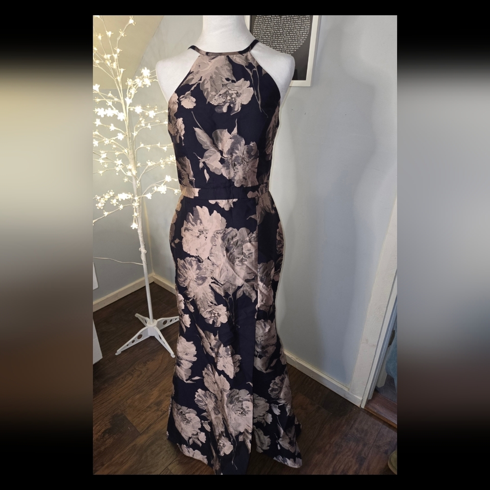 Xscape Sheath Maxi Dress in Blue and Cream for Weddings